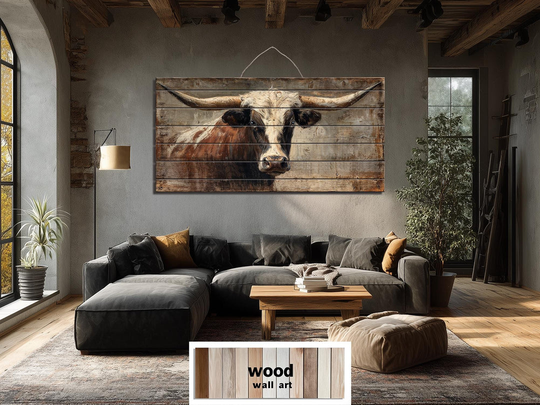 Large horizontal wood wall art featuring a rustic Texas longhorn bull portrait for a living room.