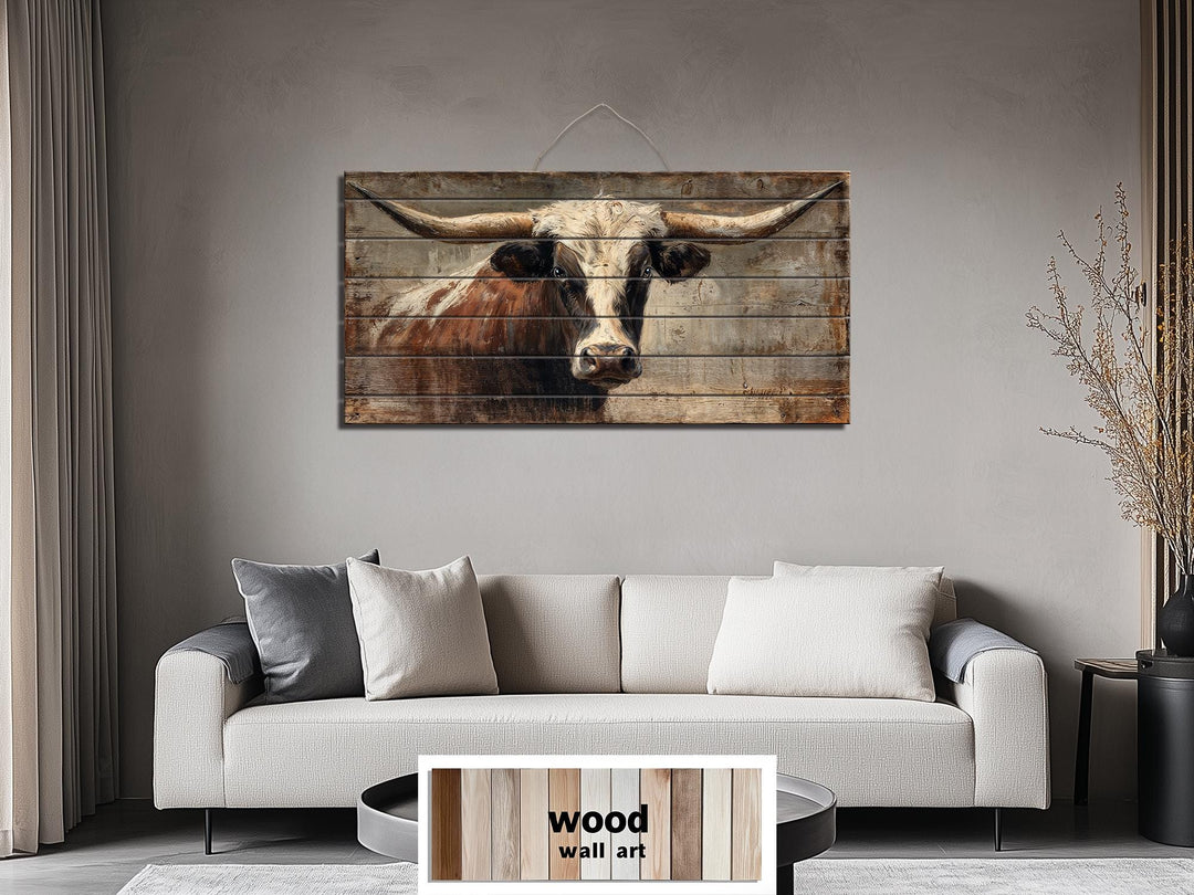 Rustic Texas longhorn bull portrait printed on horizontal wood planks above a modern sofa.
