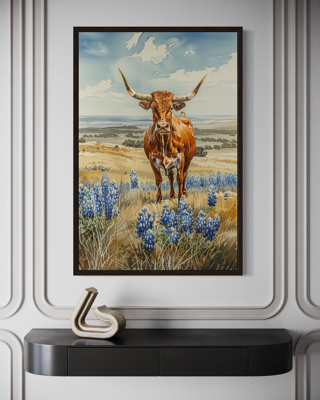 Texas Longhorn Cow In Bluebonnets Field Framed Canvas Wall Art