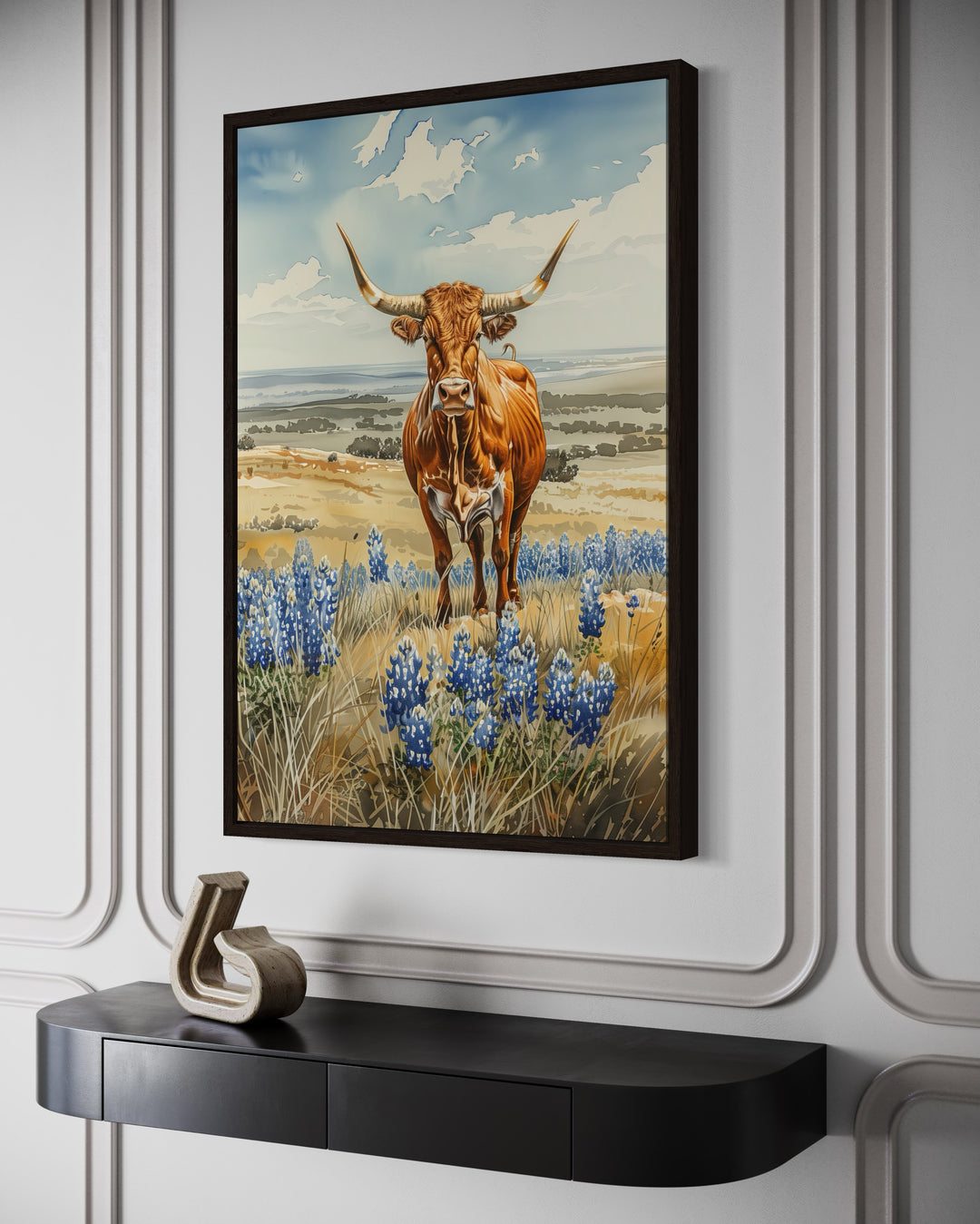 Texas Longhorn Cow In Bluebonnets Field Framed Canvas Wall Art