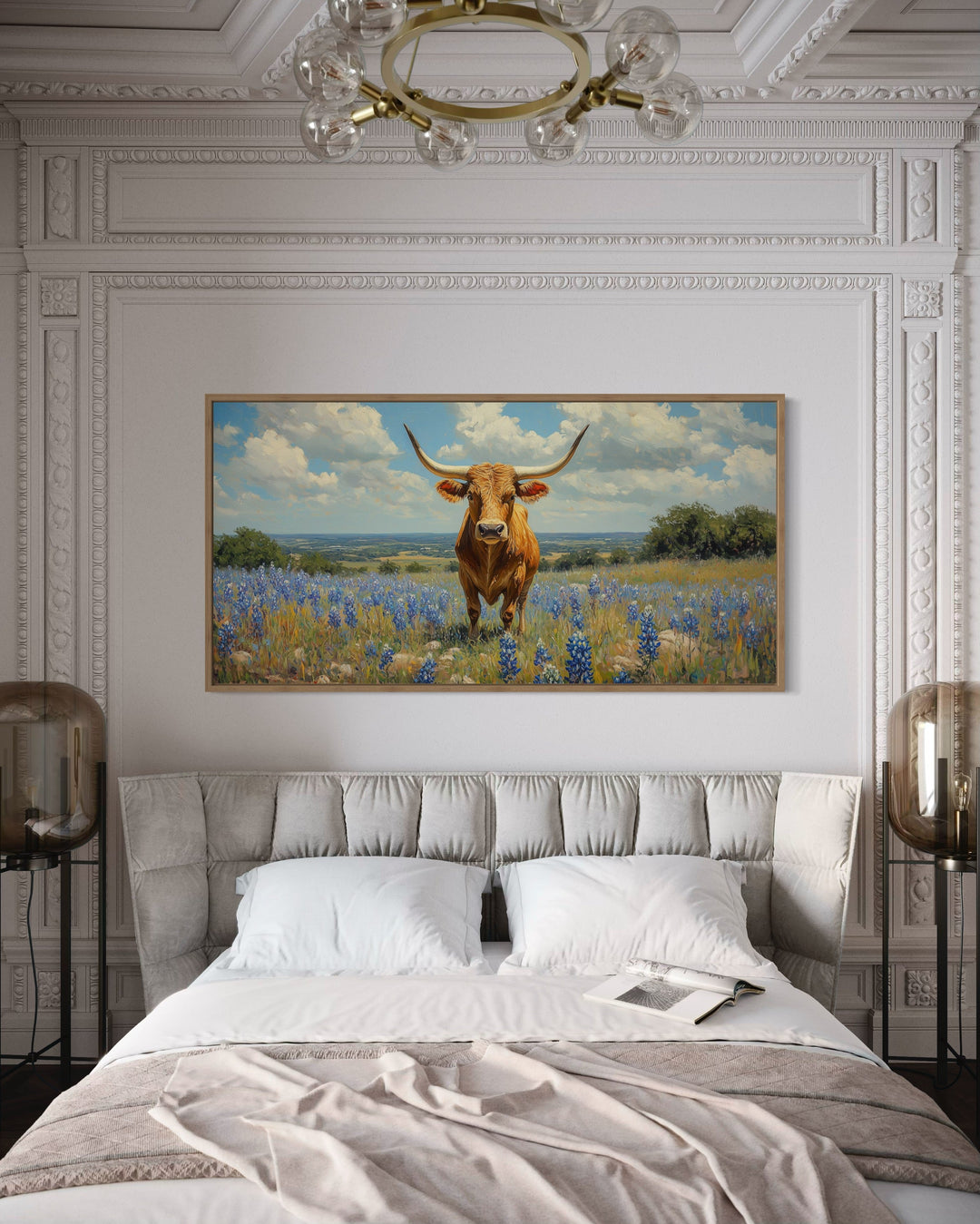 Texas Longhorn Cow In Bluebonnets Field Framed Canvas Wall Art