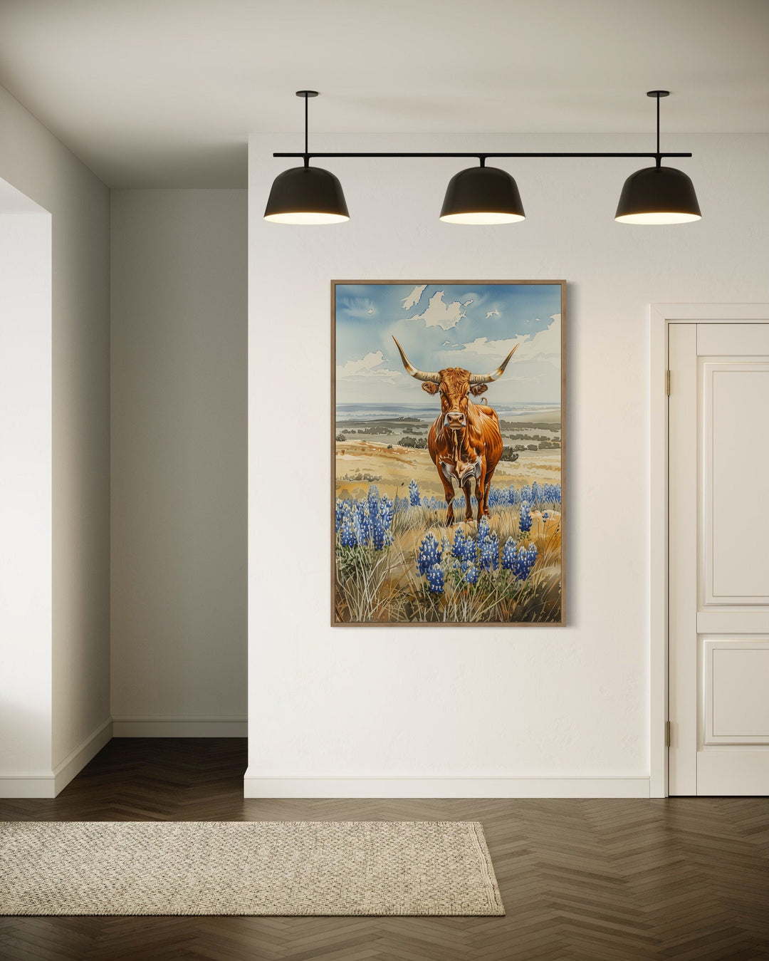 Texas Longhorn Cow In Bluebonnets Field Framed Canvas Wall Art