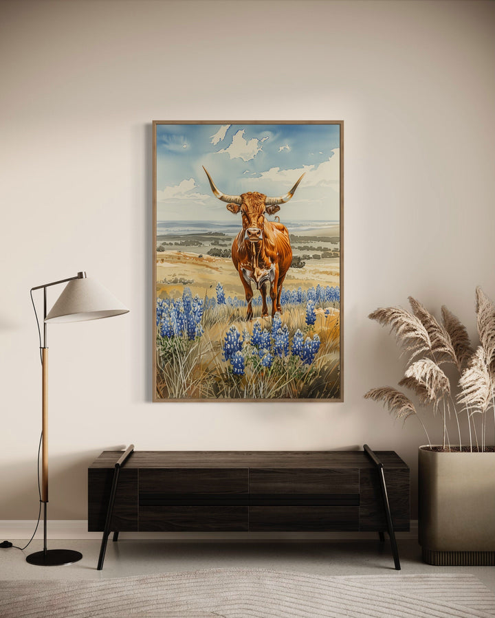 Texas Longhorn Cow In Bluebonnets Field Framed Canvas Wall Art