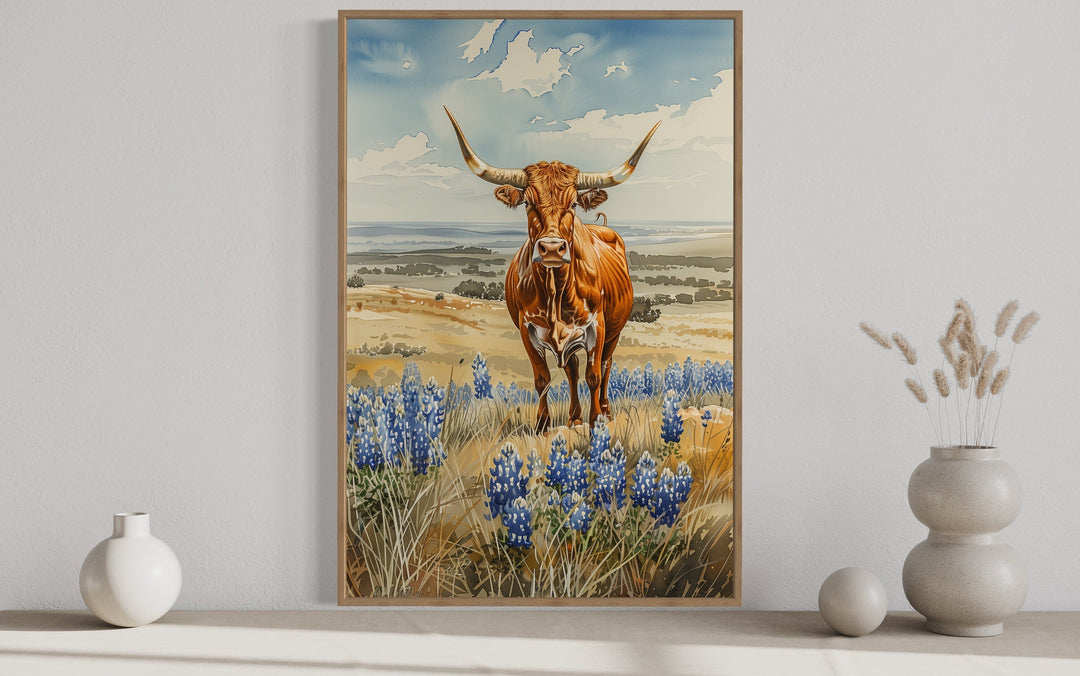 Texas Longhorn Cow In Bluebonnets Field Framed Canvas Wall Art