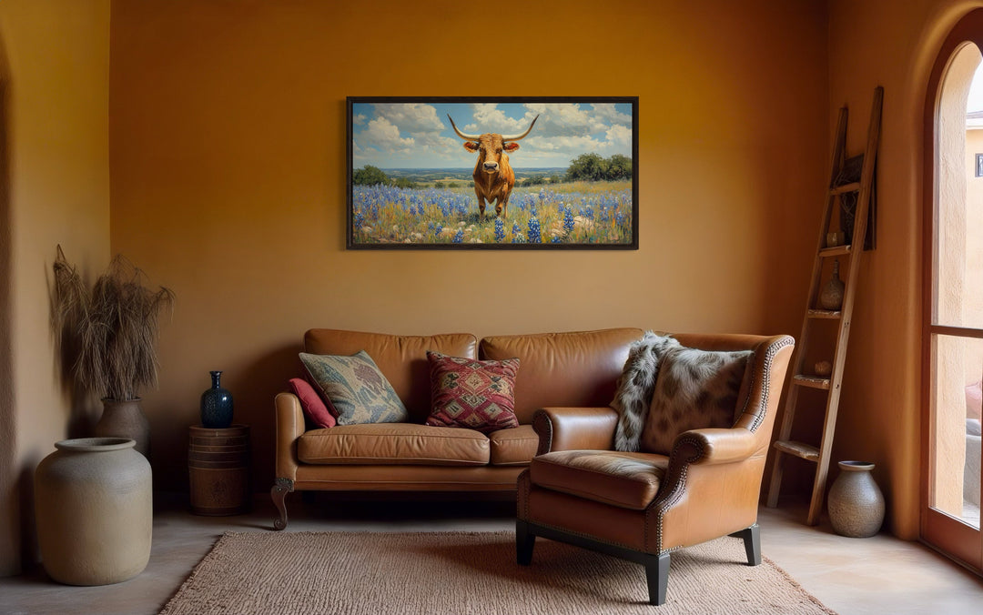 Texas Longhorn Cow In Bluebonnets Field Framed Canvas Wall Art