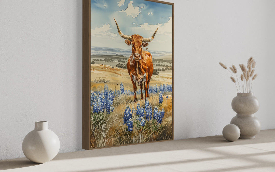 Texas Longhorn Cow In Bluebonnets Field Framed Canvas Wall Art