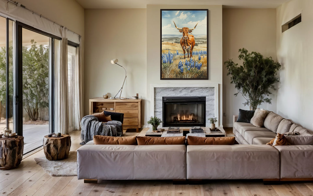 Farmhouse Wall Decor - Texas Longhorn Cow In Bluebonnets Field Framed Canvas Wall Art