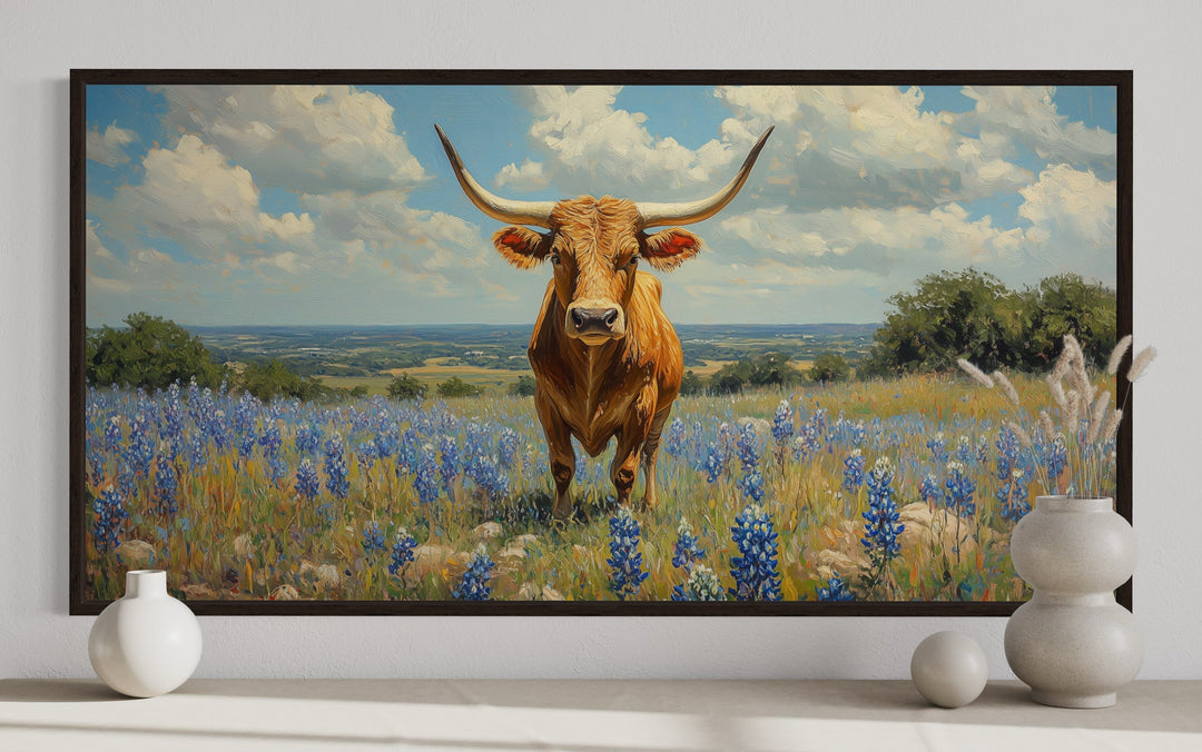 Texas Longhorn Cow In Bluebonnets Field Framed Canvas Wall Art