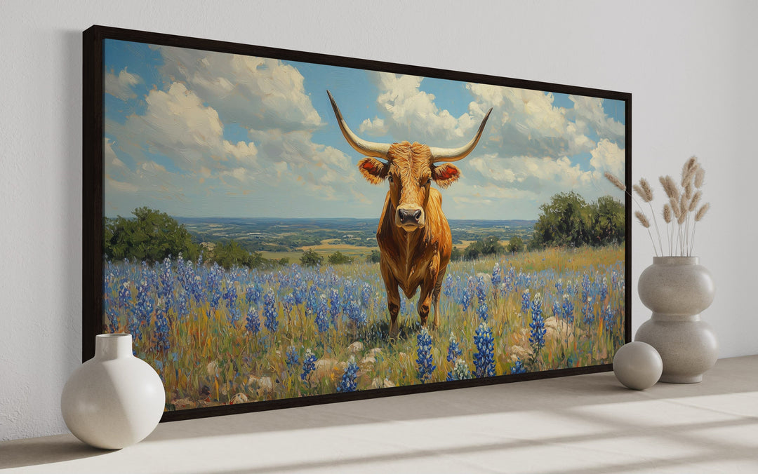 Texas Longhorn Cow In Bluebonnets Field Framed Canvas Wall Art