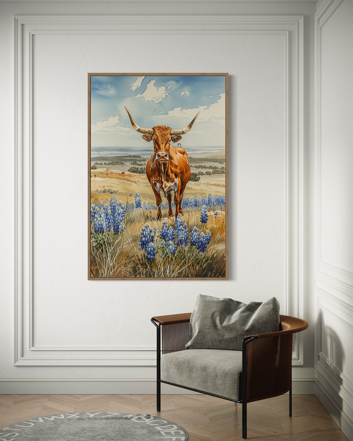 Texas Longhorn Cow In Bluebonnets Field Framed Canvas Wall Art