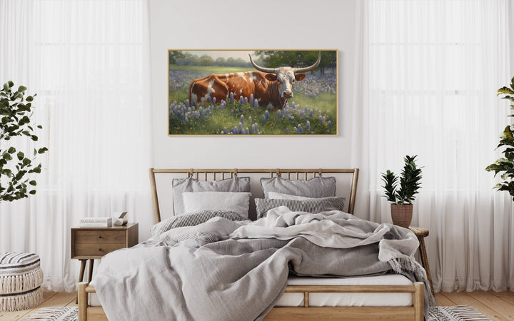 Farmhouse Wall Decor - Texas Longhorn Cow In Bluebonnets Framed Canvas Wall Art