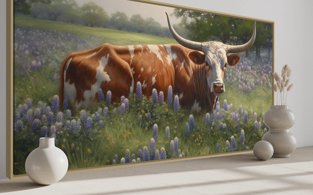 Farmhouse Wall Decor - Texas Longhorn Cow In Bluebonnets Framed Canvas Wall Art