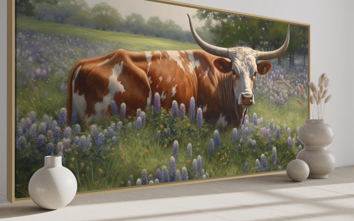 Texas Longhorn Cow In Bluebonnets Framed Canvas Wall Art