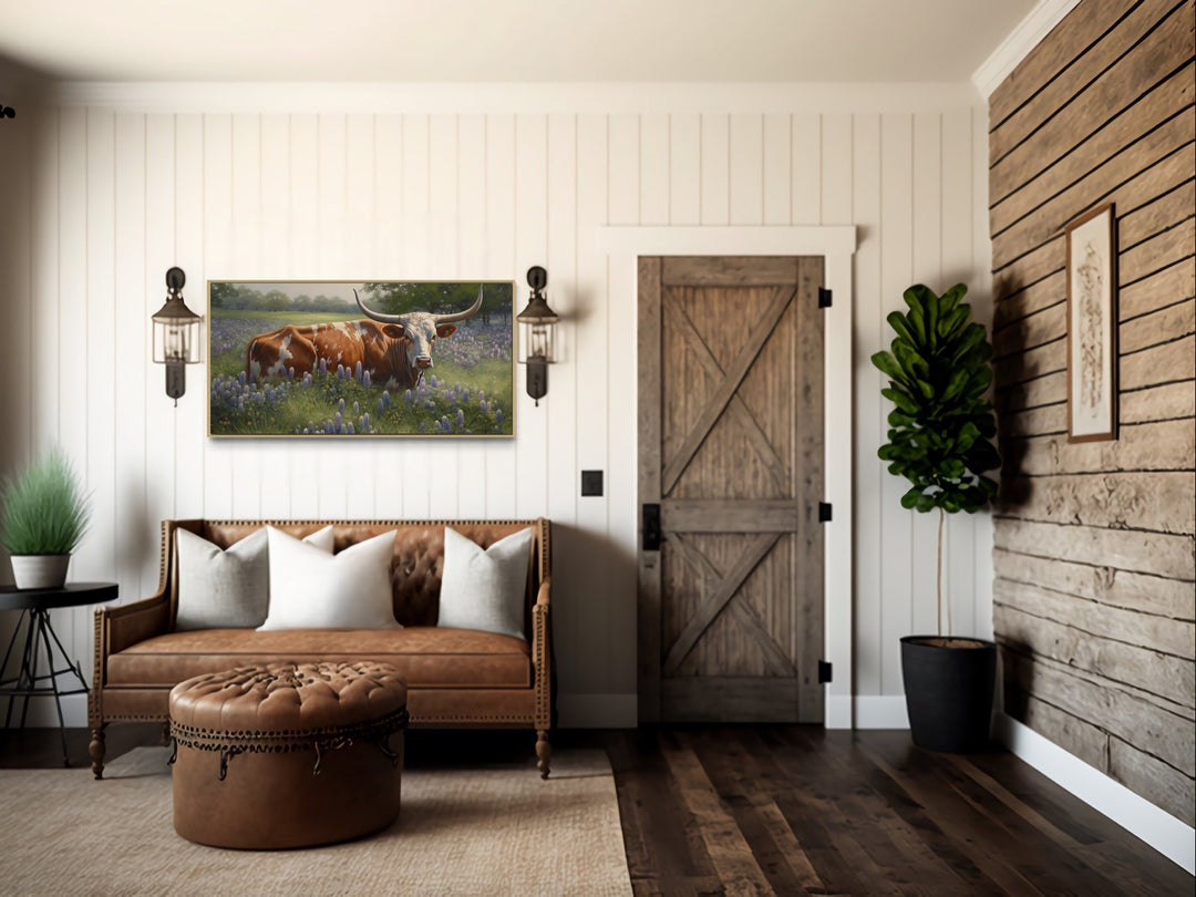 Texas Longhorn Cow In Bluebonnets Framed Canvas Wall Art