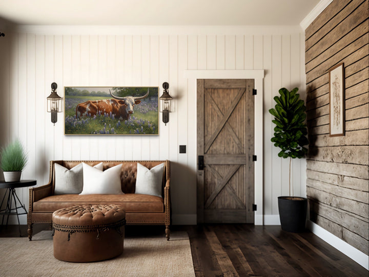 Farmhouse Wall Decor - Texas Longhorn Cow In Bluebonnets Framed Canvas Wall Art