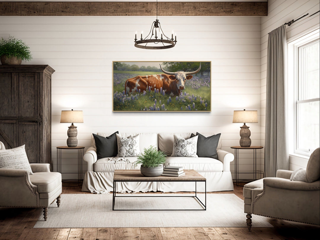 Farmhouse Wall Decor - Texas Longhorn Cow In Bluebonnets Framed Canvas Wall Art