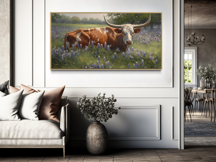 Farmhouse Wall Decor - Texas Longhorn Cow In Bluebonnets Framed Canvas Wall Art