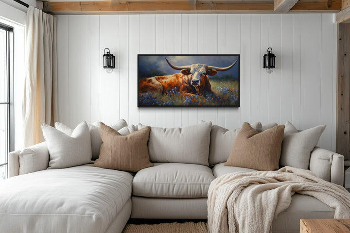 Texas Longhorn Cow In Bluebonnets Painting Framed Canvas Wall Decor