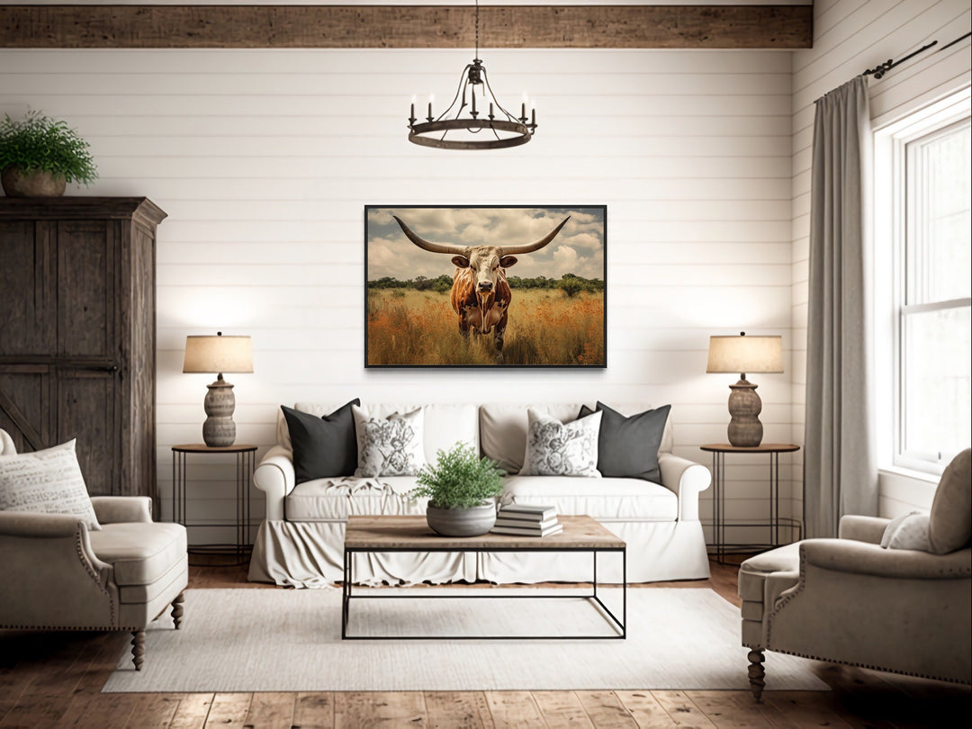 Texas Longhorn Cow In The Field Muted Colors Framed Canvas Wall Art