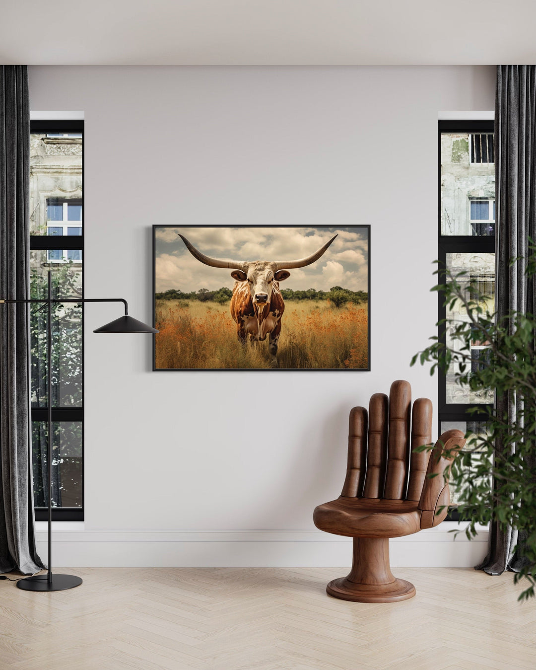 Texas Longhorn Cow In The Field Muted Colors Framed Canvas Wall Art