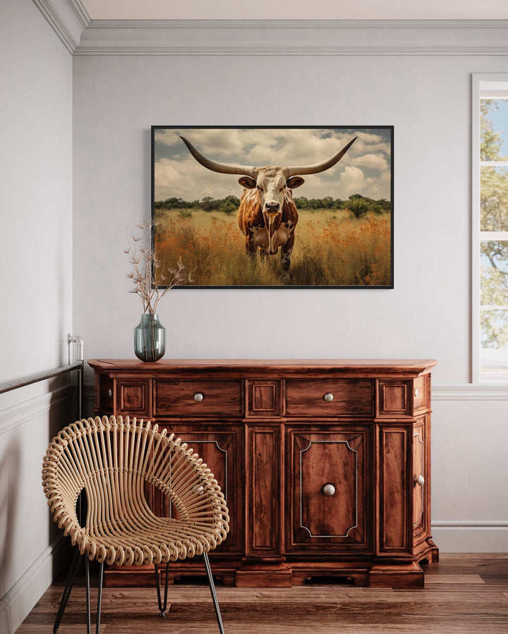 Texas Longhorn Cow In The Field Muted Colors Framed Canvas Wall Art