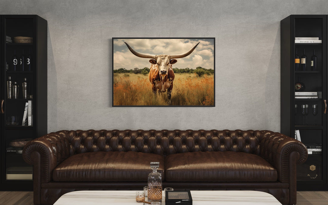 Texas Longhorn Cow In The Field Muted Colors Framed Canvas Wall Art