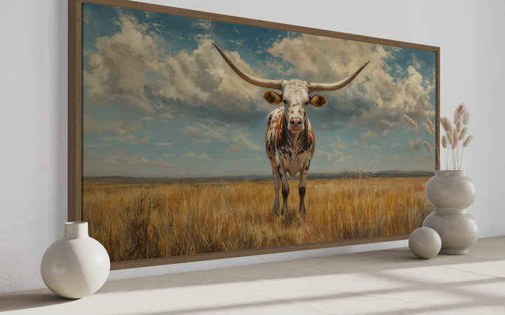 Texas Longhorn Cow In The Prairie Framed Canvas Wall Art