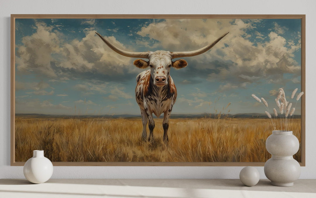 Texas Longhorn Cow In The Prairie Framed Canvas Wall Art