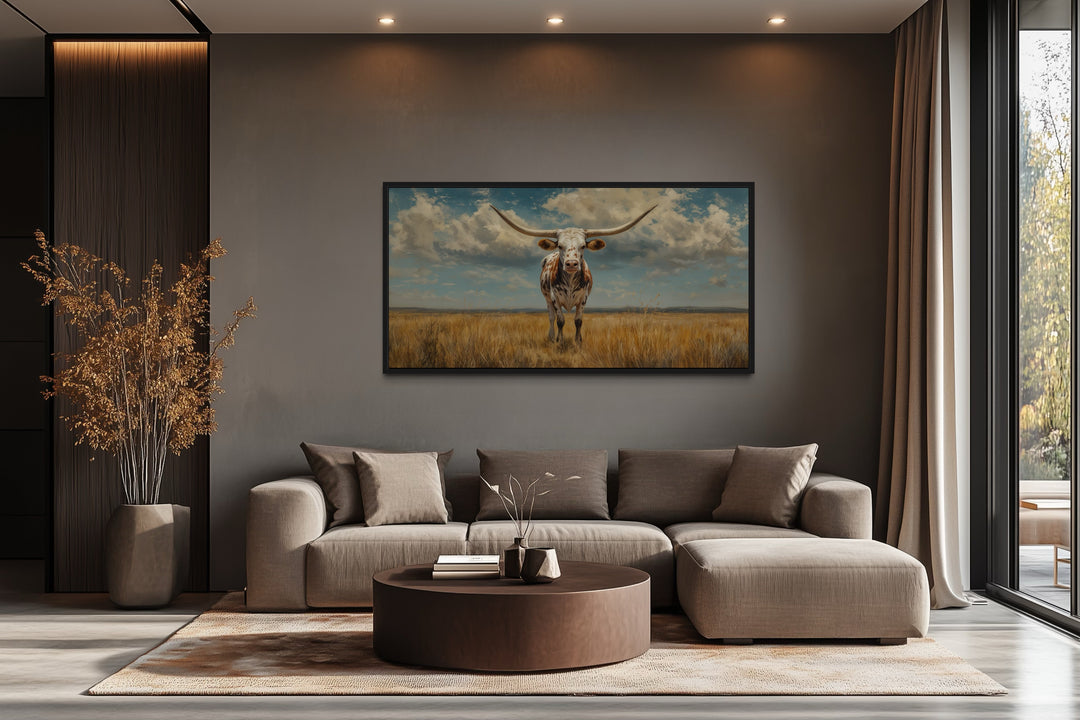 Texas Longhorn Cow In The Prairie Framed Canvas Wall Art