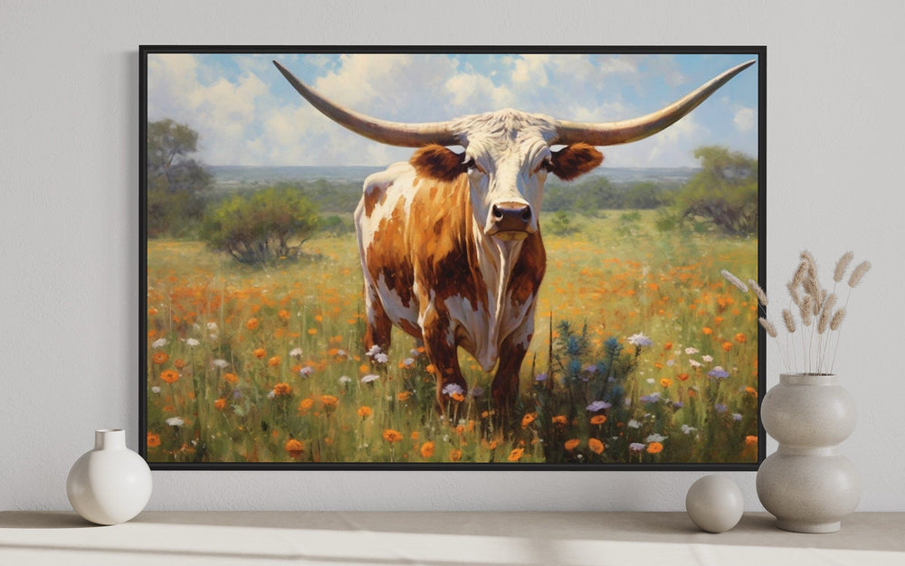 Texas Longhorn Cow Painting Wall Art "Texan Sunbeam" close up in black frame