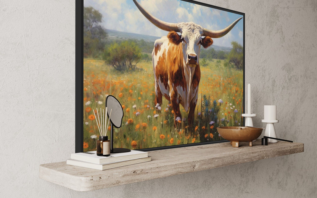 Texas Longhorn Cow In The Wildflowers Field Painting Framed Canvas Wall Art