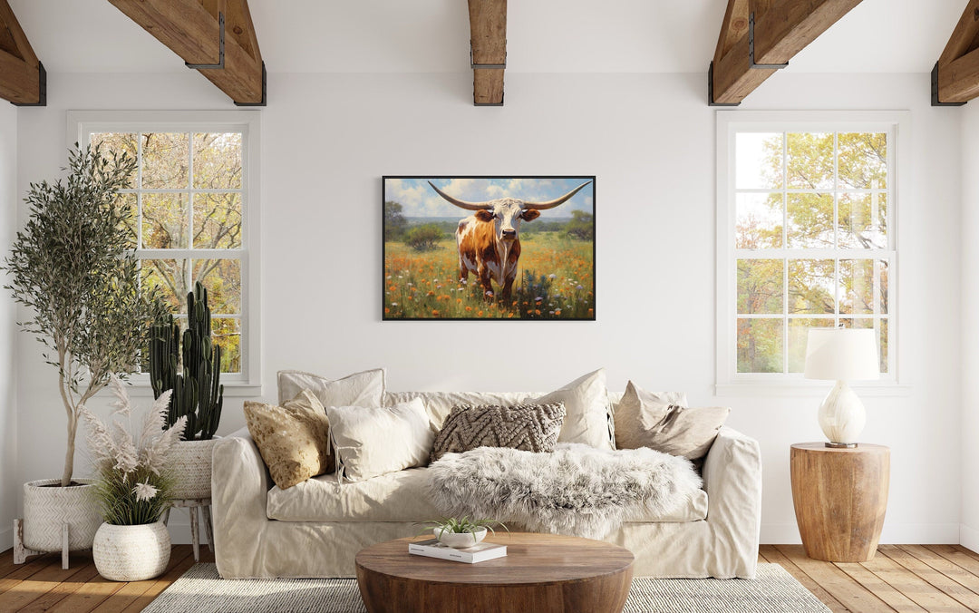 Texas Longhorn Cow In The Wildflowers Field Painting Framed Canvas Wall Art