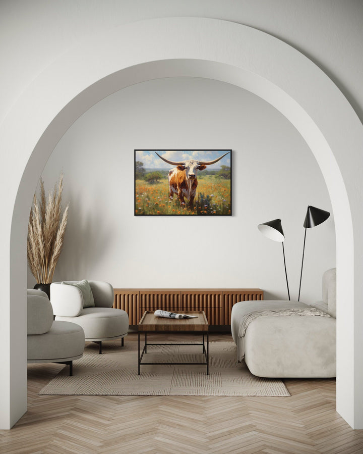 Texas Longhorn Cow In The Wildflowers Field Painting Framed Canvas Wall Art