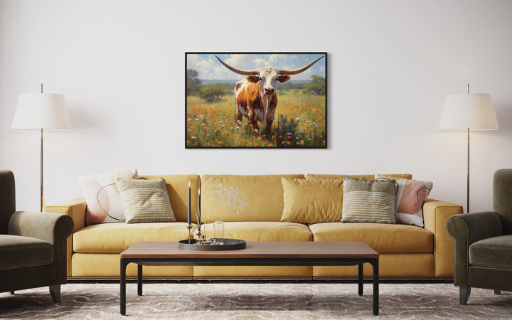 Texas Longhorn Cow In The Wildflowers Field Painting Framed Canvas Wall Art