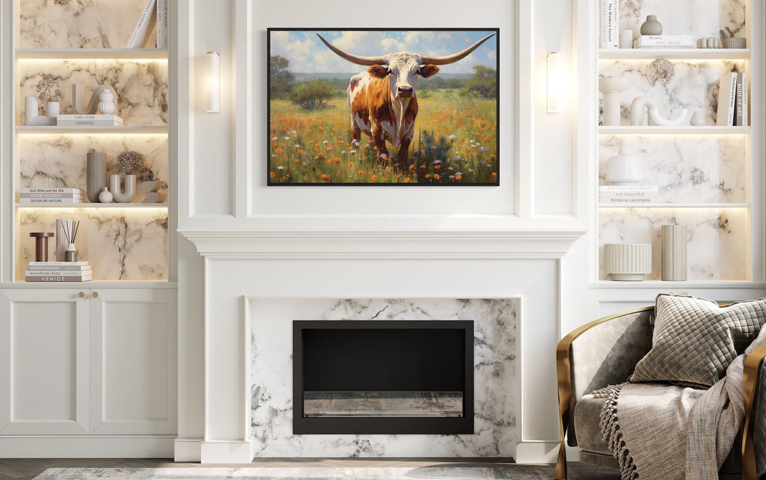 Texas Longhorn Cow In The Wildflowers Field Painting Framed Canvas Wall Art