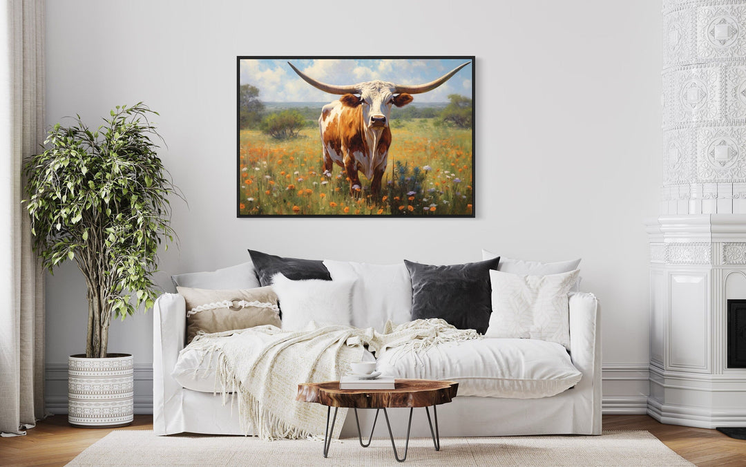 Texas Longhorn Cow In The Wildflowers Field Painting Framed Canvas Wall Art