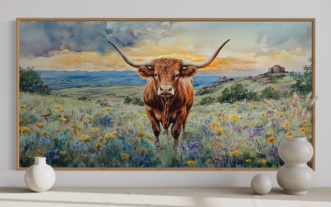Texas Longhorn cow in wildflowers field framed canvas wall art.