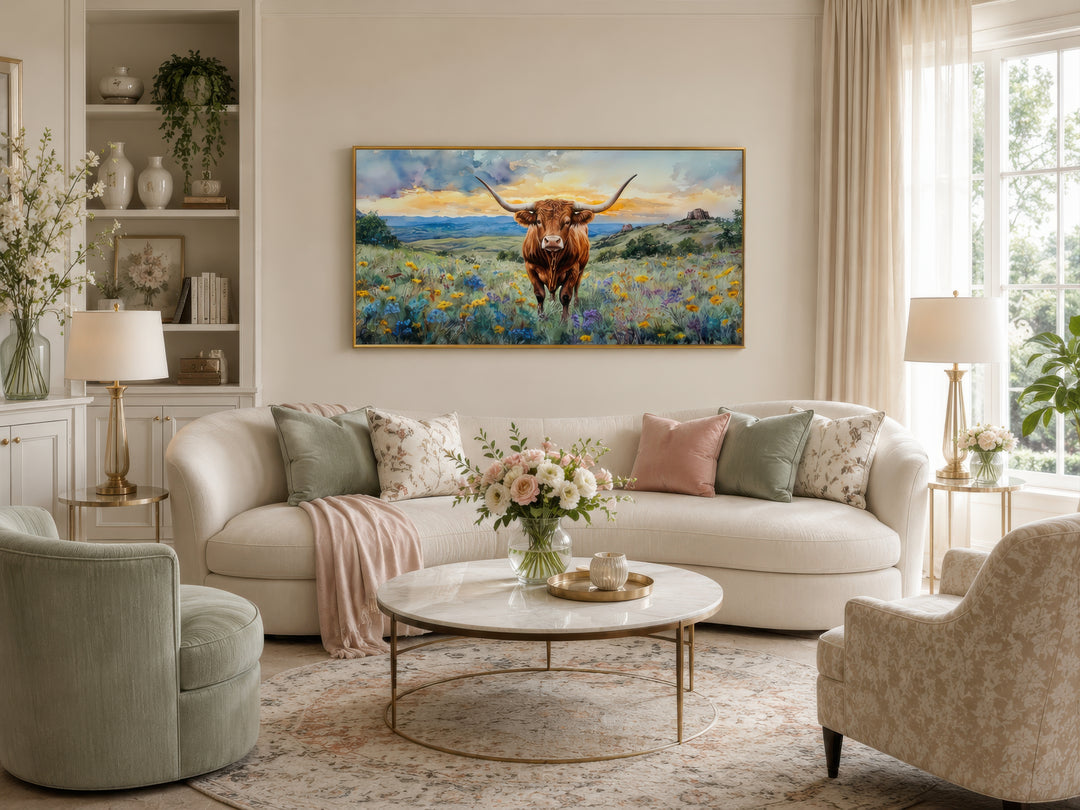 Texas Longhorn Kuh im Wildblumenfeld Gerahmte Leinwand Wandkunst 