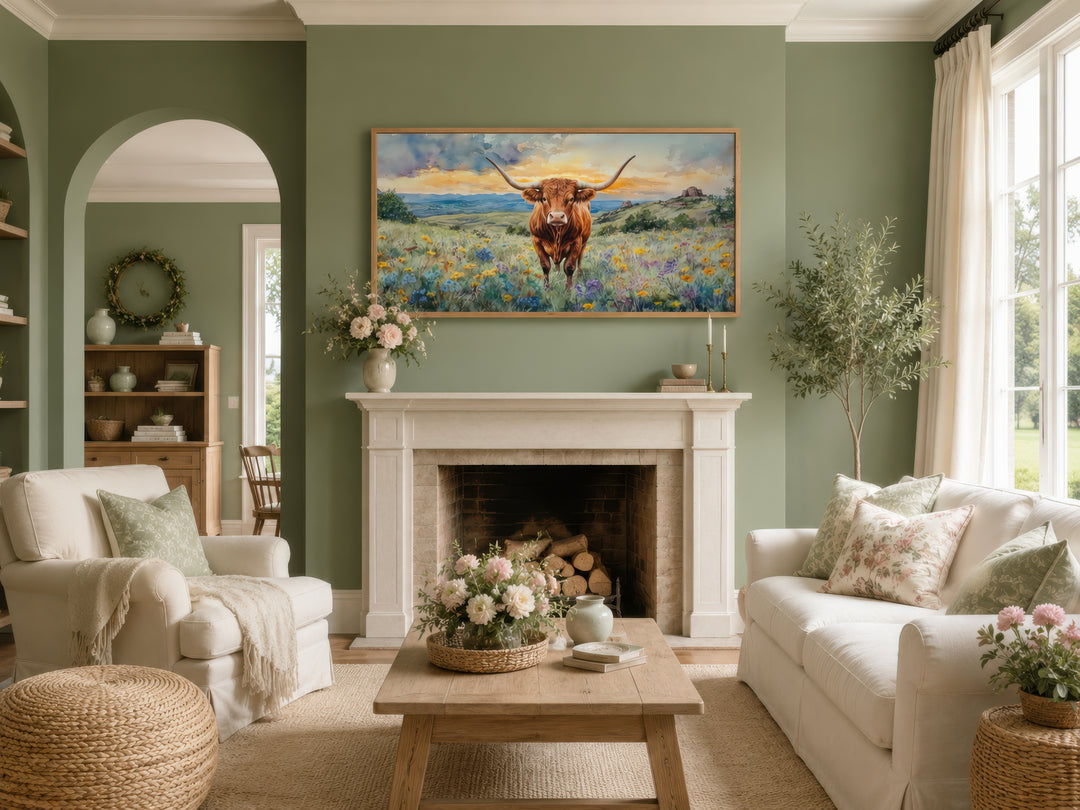Texas Longhorn Kuh im Wildblumenfeld Gerahmte Leinwand Wandkunst 