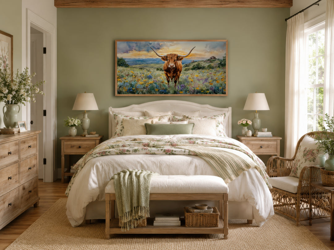 Texas Longhorn Kuh im Wildblumenfeld Gerahmte Leinwand Wandkunst 