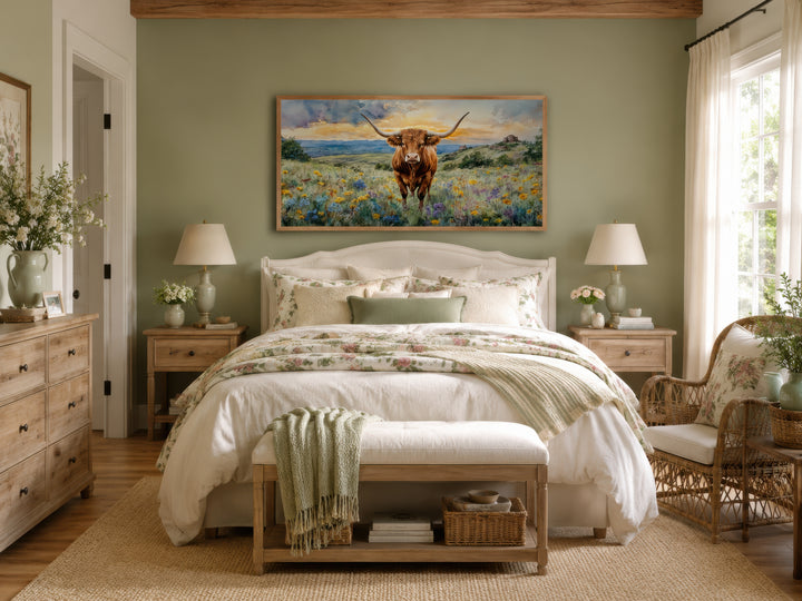 Texas Longhorn Kuh im Wildblumenfeld Gerahmte Leinwand Wandkunst 