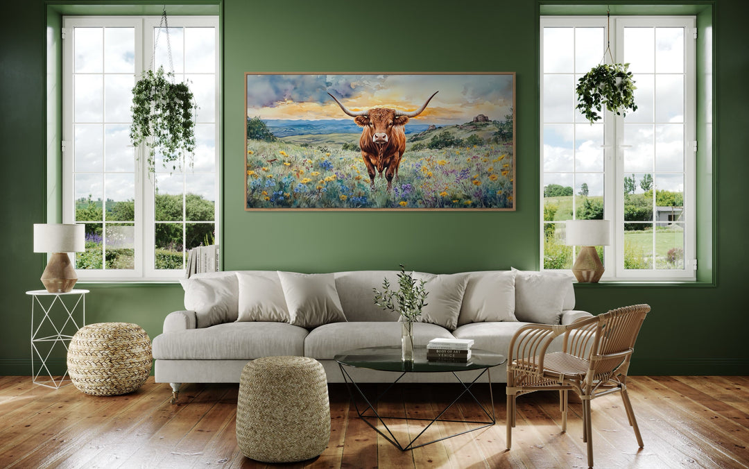 Texas Longhorn cow in wildflowers field framed canvas wall art.
