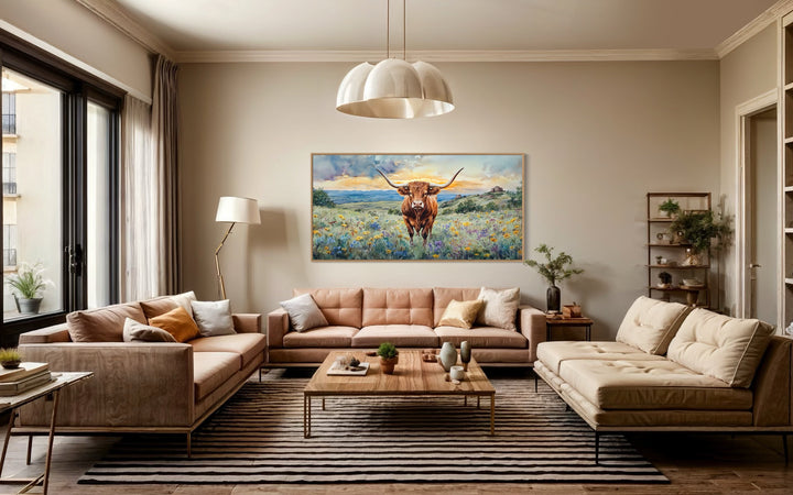 Framed Texas Longhorn cow in wildflowers field canvas wall art.