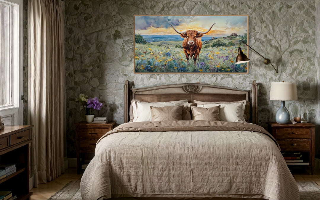 Texas Longhorn Cow In Wildflowers Field Framed Canvas Wall Art