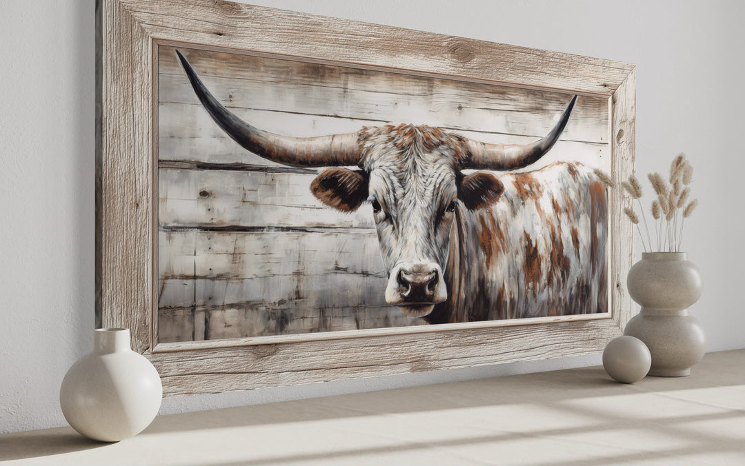 Texas Longhorn Cow Painted On Wood Rustic Farmhouse Framed Canvas Wall Art