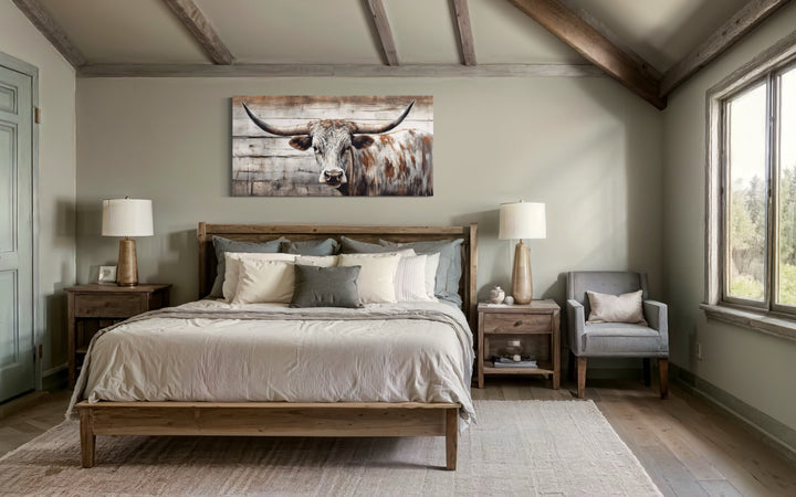 Texas Longhorn Cow Painted On Wood Rustic Farmhouse Framed Canvas Wall Art