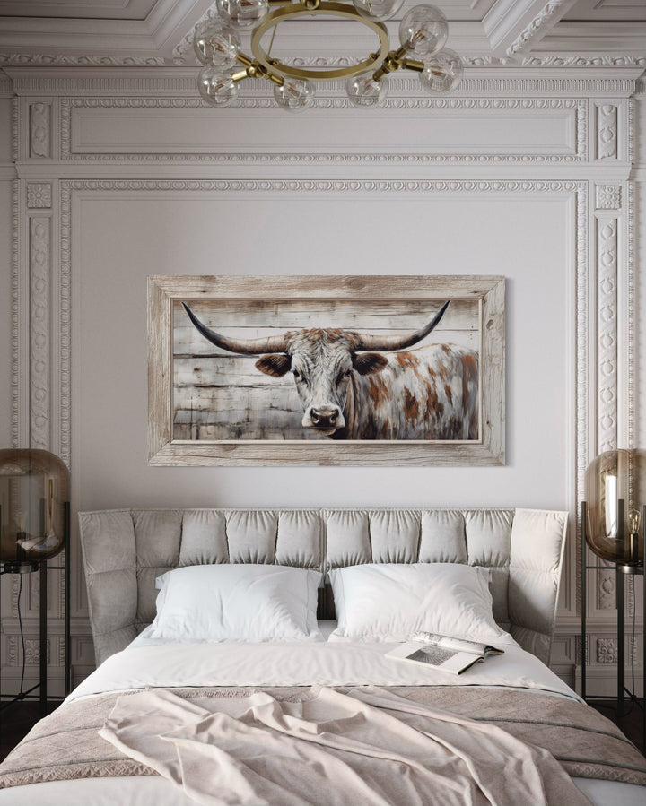 Texas Longhorn Cow Painted On Wood Rustic Farmhouse Framed Canvas Wall Art