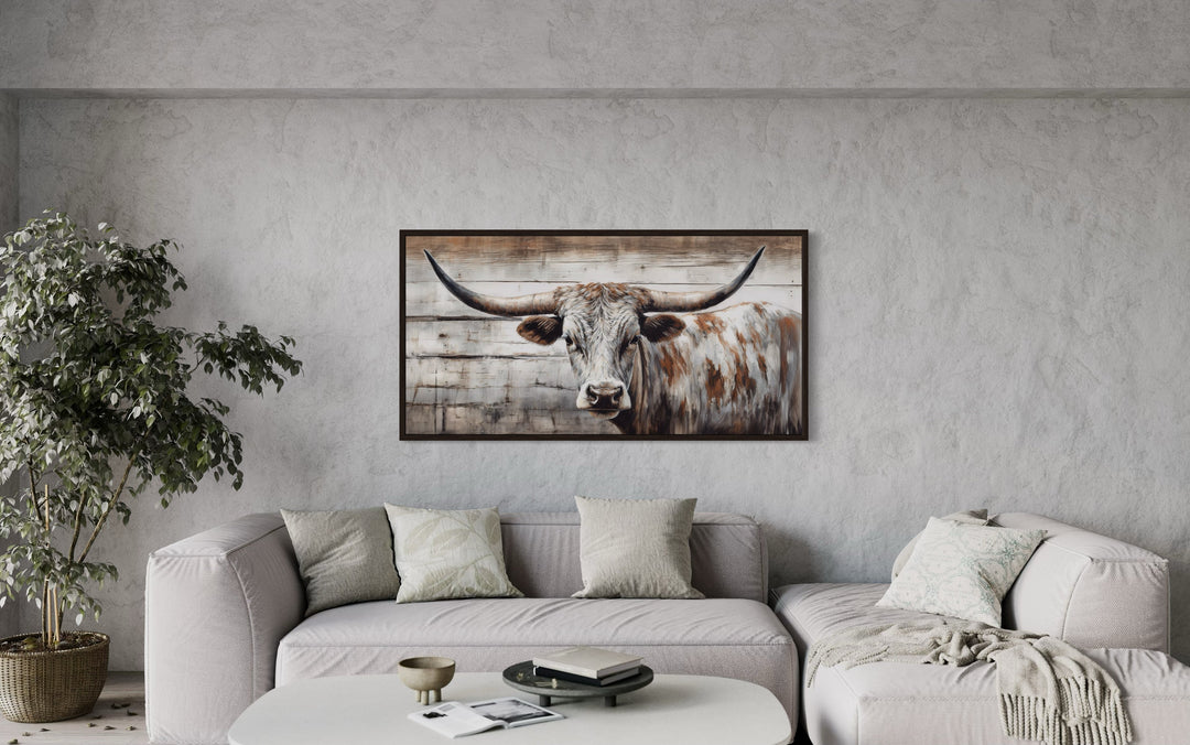 Texas Longhorn Cow Painted On Wood Rustic Farmhouse Framed Canvas Wall Art