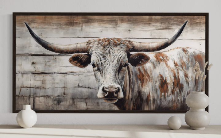 Texas Longhorn Cow Painted On Wood Rustic Farmhouse Framed Canvas Wall Art