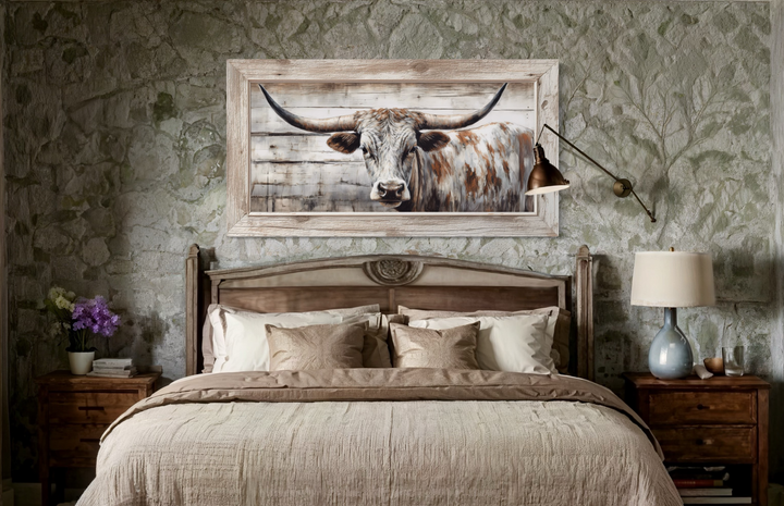 Texas Longhorn Cow Painted On Wood Rustic Farmhouse Framed Canvas Wall Art